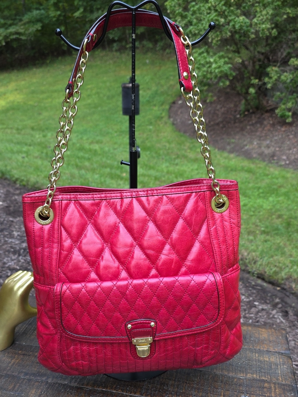 Coach Poppy Quilted Red Leather Shoulder Bag with Gold-Tone Chain Straps
